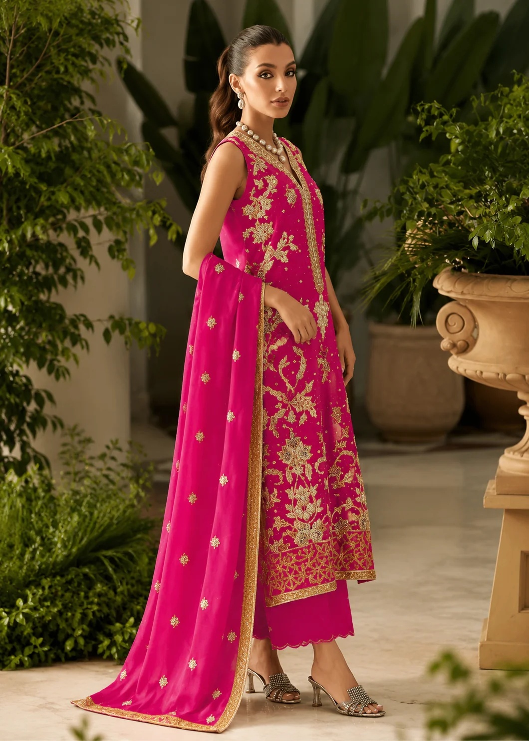 Hot Pink Gold - Mina Hassan pakistani fashion outfit in gold, pink…